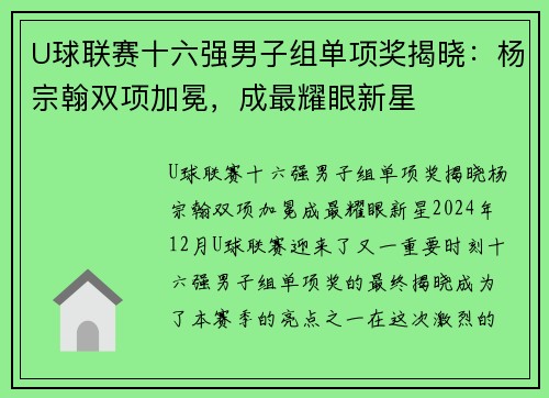 U球联赛十六强男子组单项奖揭晓：杨宗翰双项加冕，成最耀眼新星