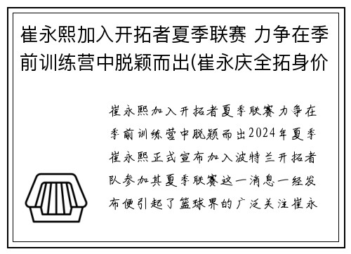 崔永熙加入开拓者夏季联赛 力争在季前训练营中脱颖而出(崔永庆全拓身价)