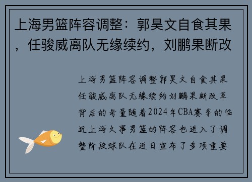 上海男篮阵容调整：郭昊文自食其果，任骏威离队无缘续约，刘鹏果断改革背后的考量