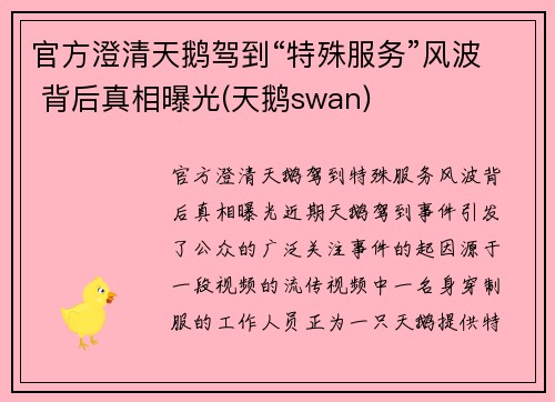 官方澄清天鹅驾到“特殊服务”风波 背后真相曝光(天鹅swan)