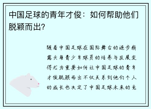 中国足球的青年才俊：如何帮助他们脱颖而出？