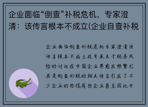 企业面临“倒查”补税危机，专家澄清：该传言根本不成立(企业自查补税)